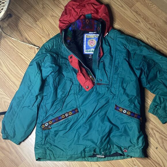 Obermeyer Ski Jacket Juniors Size XL Insulated Green Red Flowers 90s Vintage - Picture 1 of 4